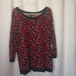 Lands End Womens Supima Cotton Dark Floral Sweater 1X Red 3/4 Sleeve Preppy